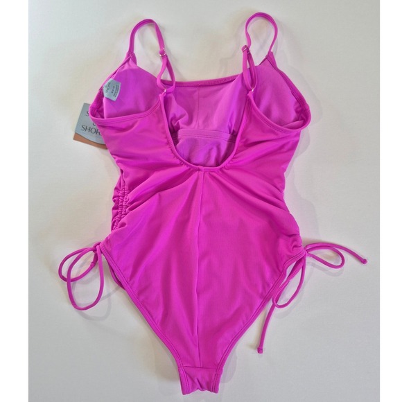 Shade & Shore Pink Ribbed One Piece Swimsuit Side Tie Adjustable Straps Medium - Picture 7 of 7